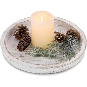 Rustic Wooden Serving Tray: Round Wood Decorative Tray Rustic White Centerpiece